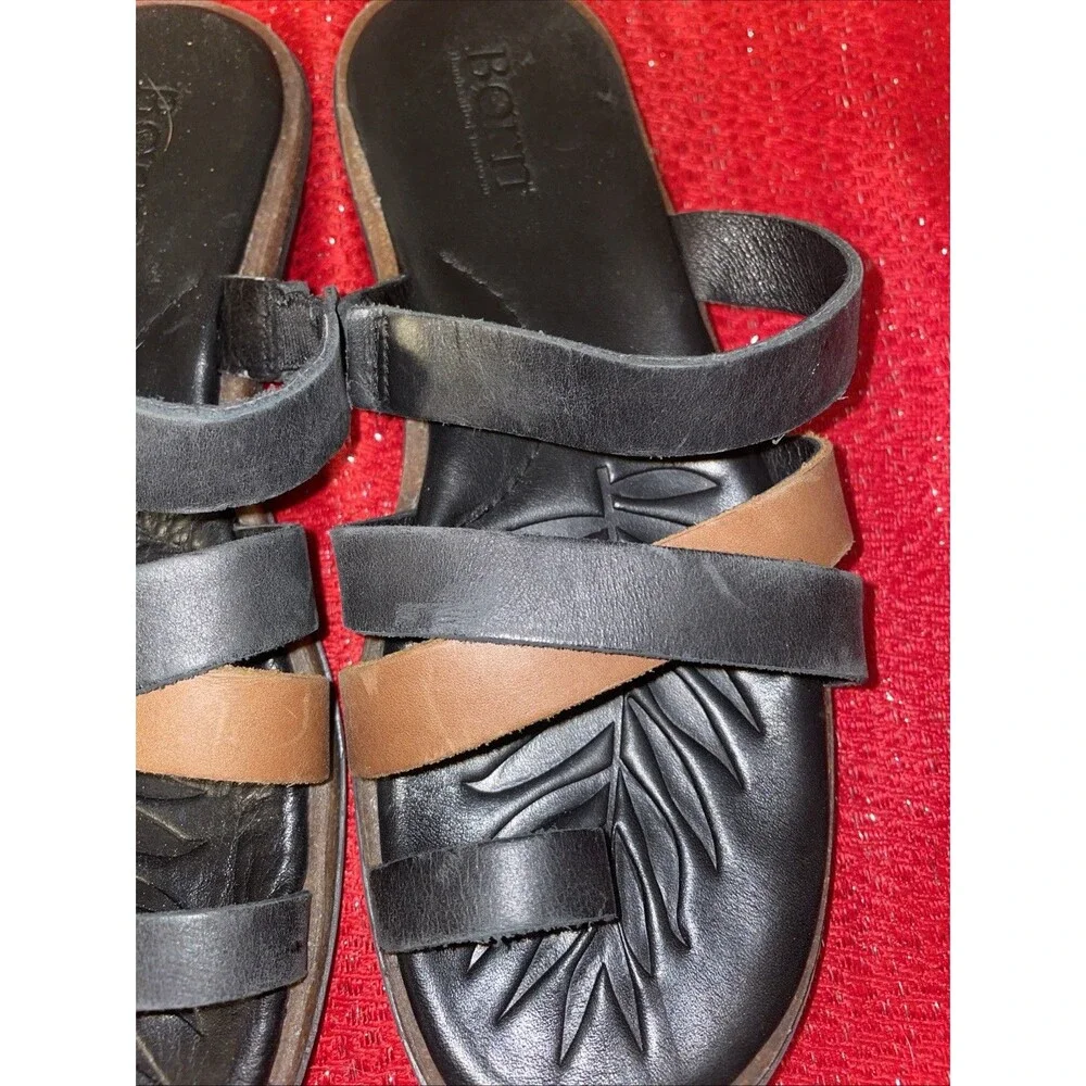 Born Cetina Sandals Womens Size 7 Shoes Black Brown Leather Slip On Thong Toe